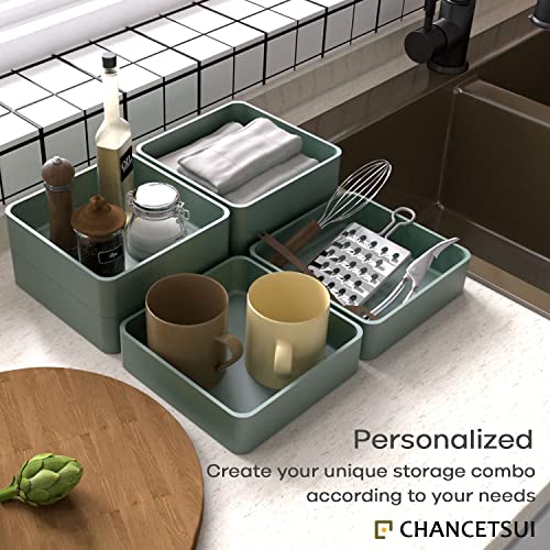 6 Pcs Stackable Drawer Organizer Set, 6.6" X 6.6" Square Plastic Vanity Drawer Organizers and Storage Bins,Desk Drawer Organizer Trays for Makeup,Bathroom Countertop,Office Drawer Divider,Forest Green