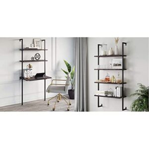 nathan james theo 2-shelf industrial wall mount ladder table, nutmeg/matte black & theo 4-shelf bookcase, floating wall mount shelves with natural wood and industrial pipe metal frame, nutmeg/black