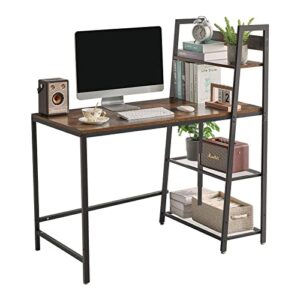 aibiju computer desk with shelf, 44 inch home office writing desk with bookshelf, industrial desk with metal frame, kitchen storage shelf table, office workstation, retro brown yd-tmj101h