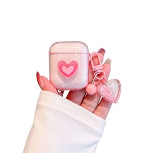 ownest compatible for airpods case, cute 3d heart clear tpu shockproof cover case glitter with bell keychain for women girls for airpods 2&1-pink