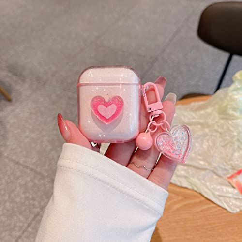 Ownest Compatible for AirPods Case, Cute 3D Heart Clear TPU Shockproof Cover Case Glitter with Bell Keychain for Women Girls for Airpods 2&1-Pink