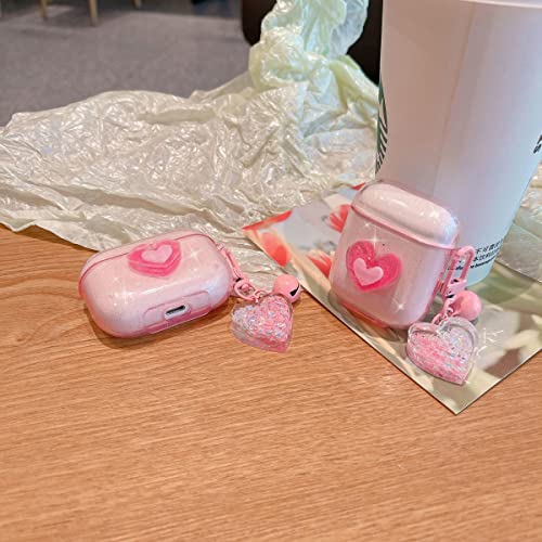 Ownest Compatible for AirPods Case, Cute 3D Heart Clear TPU Shockproof Cover Case Glitter with Bell Keychain for Women Girls for Airpods 2&1-Pink