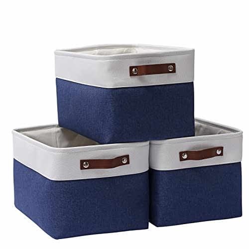 Storage Baskets for Organizing Fabric Baskets for Shelves, Closets, Laundry, Nursery, Decorative Baskets for Gifts Empty (15 x 11 x 9.5 IN - 3Pack, White & Blue)