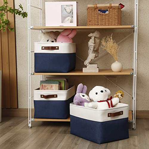 Storage Baskets for Organizing Fabric Baskets for Shelves, Closets, Laundry, Nursery, Decorative Baskets for Gifts Empty (15 x 11 x 9.5 IN - 3Pack, White & Blue)