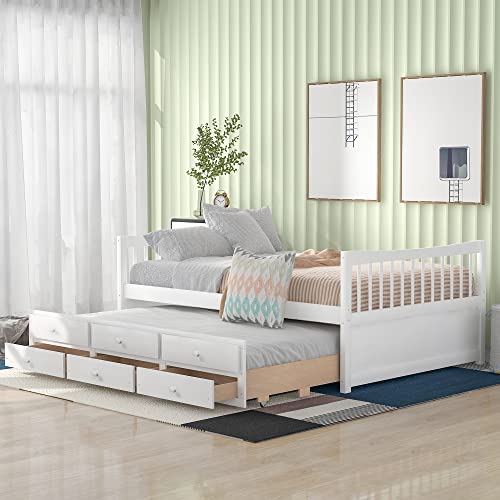 Harper & Bright Designs Full Storage Daybed with Trundle Captain’s Bed with Drawers, Wood Bed Frame for Kids Guests (Full Size, White)