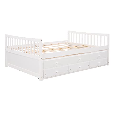 Harper & Bright Designs Full Storage Daybed with Trundle Captain’s Bed with Drawers, Wood Bed Frame for Kids Guests (Full Size, White)