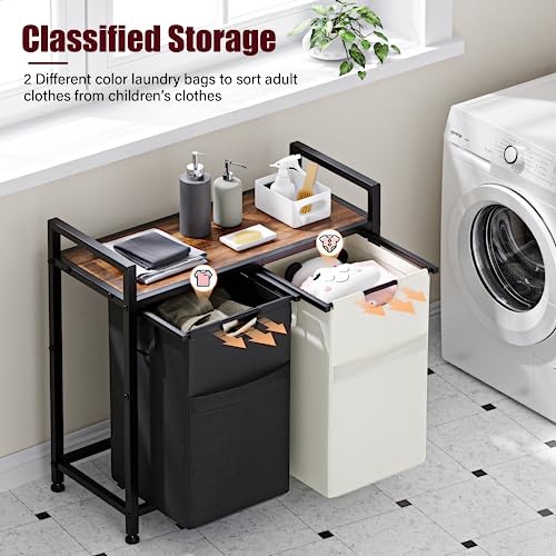 Aowos Laundry Basket, 112L Large Double Laundry Hamper, Freestanding Laundry Sorter Organizer 2 Section with Top Shelf & 2 Removable Washable Bags & Side Pockets for Dorm, Rustic Brown and Black