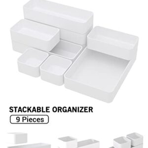 9 Pcs Stackable Drawer Organizer Trays Set, Multifunctional Stackable Storage Trays for Vanity, Bathroom, Kitchen, Desk Drawer Organizer Office. Plastic Drawer Organizers Available In 5 Colours, White