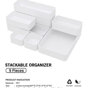 9 Pcs Stackable Drawer Organizer Trays Set, Multifunctional Stackable Storage Trays for Vanity, Bathroom, Kitchen, Desk Drawer Organizer Office. Plastic Drawer Organizers Available In 5 Colours, White