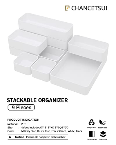 9 Pcs Stackable Drawer Organizer Trays Set, Multifunctional Stackable Storage Trays for Vanity, Bathroom, Kitchen, Desk Drawer Organizer Office. Plastic Drawer Organizers Available In 5 Colours, White