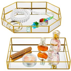 kenning 2 pcs mirror glass tray, metal gold perfume tray mirror dresser tray ornate perfume organizer decorative jewelry tray makeup tray for vanity bathroom bedroom home decor (octagon, rectangle)