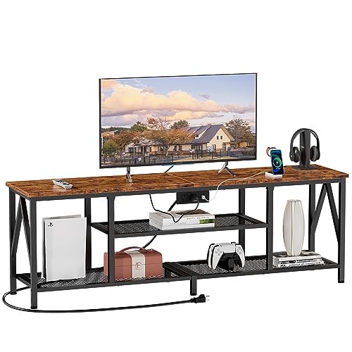 Furologee TV Stand with Power Outlets for 65 70 inch TV, Entertainment Center with Open Storage Shelves, Long 63'' TV Media Console Table with Soundbar Shelf for Living Room, Bedroom, Rustic Brown