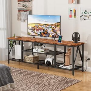 Furologee TV Stand with Power Outlets for 65 70 inch TV, Entertainment Center with Open Storage Shelves, Long 63'' TV Media Console Table with Soundbar Shelf for Living Room, Bedroom, Rustic Brown