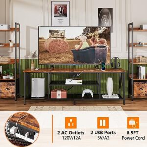 Furologee TV Stand with Power Outlets for 65 70 inch TV, Entertainment Center with Open Storage Shelves, Long 63'' TV Media Console Table with Soundbar Shelf for Living Room, Bedroom, Rustic Brown