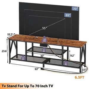 Furologee TV Stand with Power Outlets for 65 70 inch TV, Entertainment Center with Open Storage Shelves, Long 63'' TV Media Console Table with Soundbar Shelf for Living Room, Bedroom, Rustic Brown