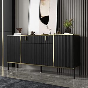 famapy modern credenza sideboard buffet with drawer & pop-up doors, buffet sideboard storage cabinet with black metal legs, for living room hallway black and gold (63”w x 15.7”d x 31.5”h)