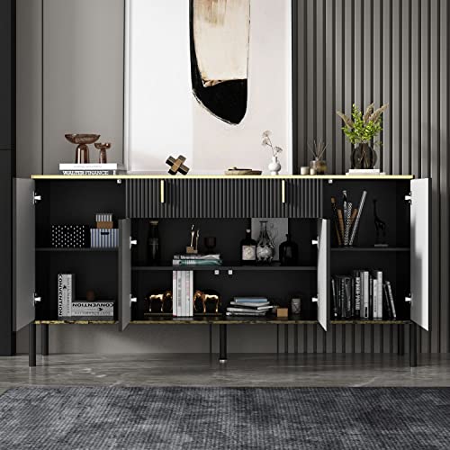 FAMAPY Modern Credenza Sideboard Buffet with Drawer & Pop-Up Doors, Buffet Sideboard Storage Cabinet with Black Metal Legs, for Living Room Hallway Black and Gold (63”W x 15.7”D x 31.5”H)