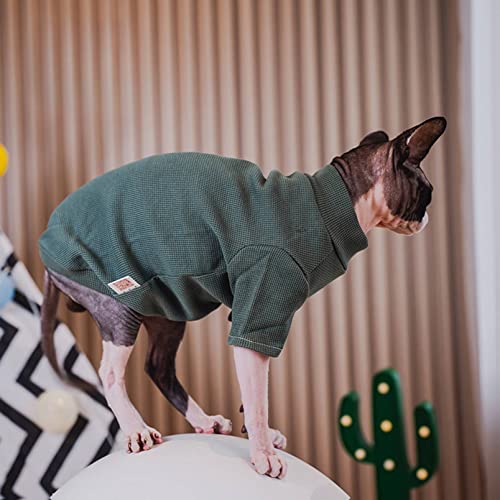 Sphynx Cat Clothes Autumn Solid Mesh Waffle T-Shirts Elasticity Breathable Pullover High Collar Kitten Shirts Pet Clothes for Cat (M (6-7.7lbs), Army Green)