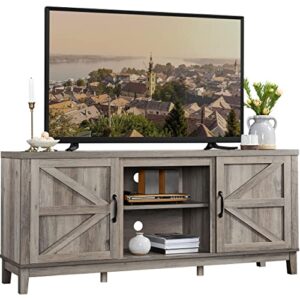 yaheetech farmhouse tv stand for 65 inch tv, wood entertainment center suitable for a 18'' electric fireplace insert (not included), large storage cabinet with double barn doors, 58inch, gray