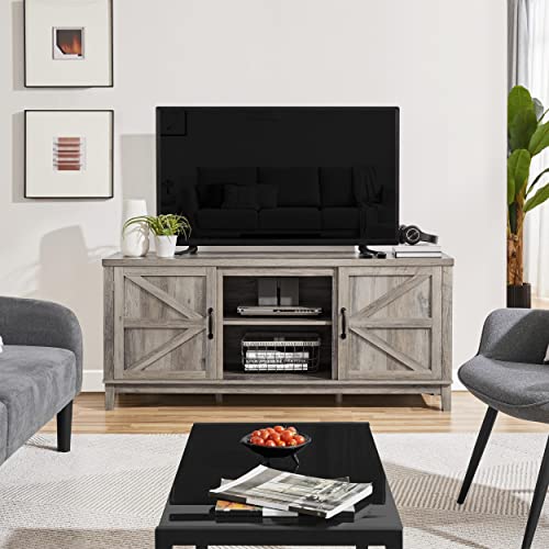 Yaheetech Farmhouse TV Stand for 65 Inch TV, Wood Entertainment Center Suitable for a 18'' Electric Fireplace Insert (not Included), Large Storage Cabinet with Double Barn Doors, 58inch, Gray