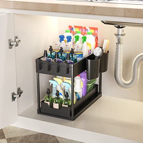 YaCaTaM Under Sink Organizers and Storage, Bathroom Organizers and Storage Under Sink with Sliding Drawer, Under Cabinet Organizers with Hooks and Hanging Cups for Bathroom, Kitchen (2 Pack - Black)