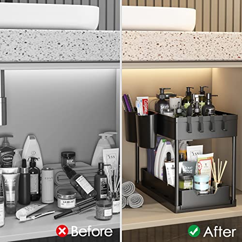 YaCaTaM Under Sink Organizers and Storage, Bathroom Organizers and Storage Under Sink with Sliding Drawer, Under Cabinet Organizers with Hooks and Hanging Cups for Bathroom, Kitchen (2 Pack - Black)