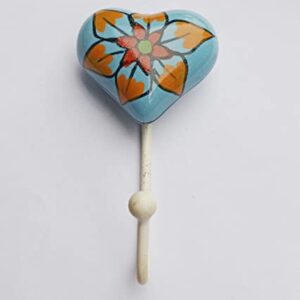 PARIJAT HANDICRAFT Hand Painted Heart Shape Beautifully Multi Colored Ceramic Wall Hook Hanger Key Holder hat Clothes hangings Bath Towel Hook Hanger