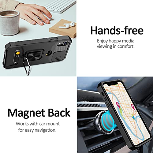 Nvollnoe for iPhone XR Case with Sliding Camera Cover and Card Holder Heavy Duty Protective iPhone XR Case with Ring Magnetic Kickstand Phone Case for iPhone XR 6.1''(Black)