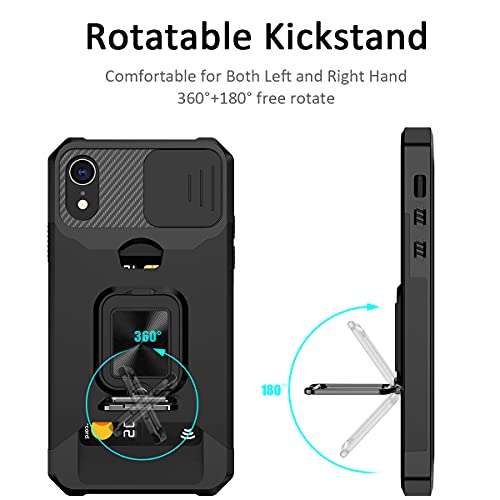 Nvollnoe for iPhone XR Case with Sliding Camera Cover and Card Holder Heavy Duty Protective iPhone XR Case with Ring Magnetic Kickstand Phone Case for iPhone XR 6.1''(Black)