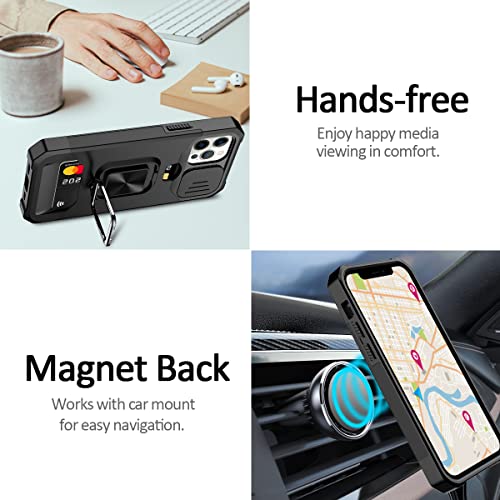 Nvollnoe for iPhone 11 Pro Max Case with Sliding Camera Cover and Card Holder Heavy Duty Protective iPhone 11 Pro Max Case with Ring Magnetic Kickstand Phone Case for iPhone 11 Pro Max 6.5''(Black)