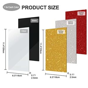 Csyidio 5 PCS Clear Acrylic Sheet for Laser Cutting Cast Glitter Acrylic Plastic Panel Sheet for DIY Art Crafts, Home Decor, 6.3 x 11.4 Inch (Clear, Black, Gold, Silver, Red)