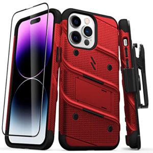 zizo bolt bundle for iphone 14 pro max (6.7) case with screen protector kickstand holster lanyard - red
