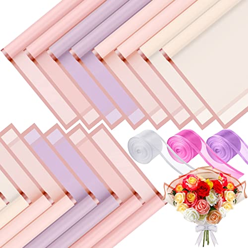 60 Pcs Flower Wrapping Paper Waterproof Translucent Fresh Flowers Bouquet Gift Packaging Pure Color Gold Edge Korean Florist Supplies for Valentine's Day Wedding DIY Crafts Gift (Fresh Colors)