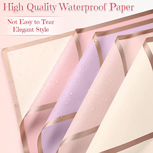 60 Pcs Flower Wrapping Paper Waterproof Translucent Fresh Flowers Bouquet Gift Packaging Pure Color Gold Edge Korean Florist Supplies for Valentine's Day Wedding DIY Crafts Gift (Fresh Colors)