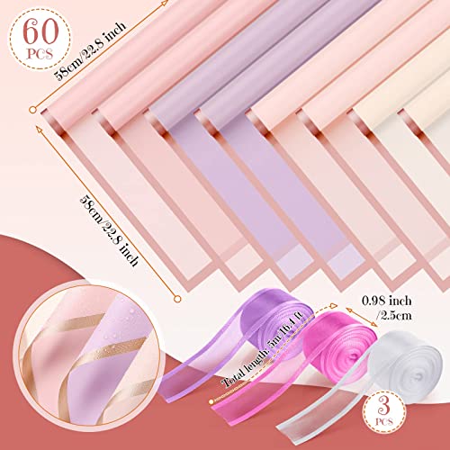 60 Pcs Flower Wrapping Paper Waterproof Translucent Fresh Flowers Bouquet Gift Packaging Pure Color Gold Edge Korean Florist Supplies for Valentine's Day Wedding DIY Crafts Gift (Fresh Colors)