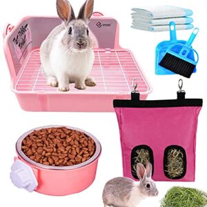 JAYCCON 5-in-1 Rabbit Litter Box with Hay Food Feeding Set, Bunny Toilet Potty with Small Pet Hay Feeder Bag and Water Food Feeding Bowl for Rabbit Guinea Pig Chinchilla ((Medium(Pink)))