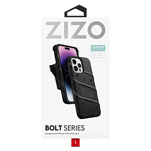 ZIZO Bolt Bundle for iPhone 14 Pro Max (6.7) Case with Screen Protector Kickstand Holster Lanyard - Black