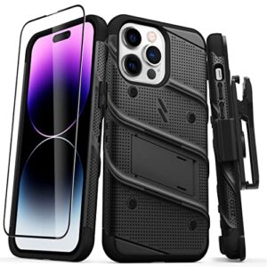 zizo bolt bundle for iphone 14 pro max (6.7) case with screen protector kickstand holster lanyard - black