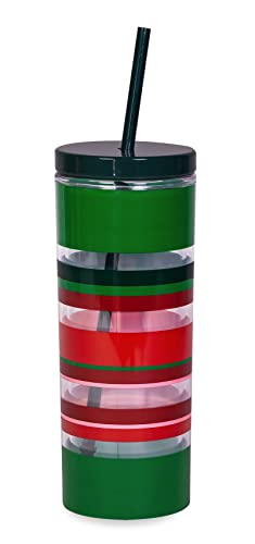 Kate Spade New York Acrylic Holiday Tumbler with Lid and Straw, 24 oz Tumbler, Slim Double Wall Tumbler, Christmas Stripe