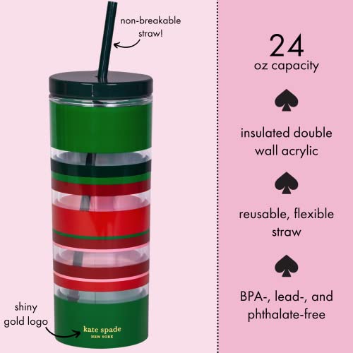 Kate Spade New York Acrylic Holiday Tumbler with Lid and Straw, 24 oz Tumbler, Slim Double Wall Tumbler, Christmas Stripe