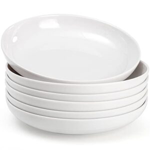 fasmov melamine pasta bowls, 6 pack 9 inches 30 oz large salad serving bowls, shallow salad bowls, plastic dinner deep plates, dishwasher safe, white