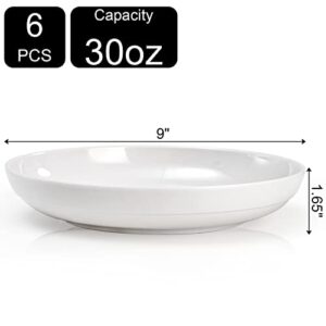 Fasmov Melamine Pasta Bowls, 6 Pack 9 inches 30 Oz Large Salad Serving Bowls, Shallow Salad Bowls, Plastic Dinner Deep Plates, Dishwasher Safe, White