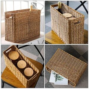 Cabilock Rattan Woven Basket Book Holder Basket Magazine Wicker Basket Woven Magazine Holder Magazine Rack Magazine Storage Organizer Rectangular Basket Bins Garbage Container Bin Utensil Tray