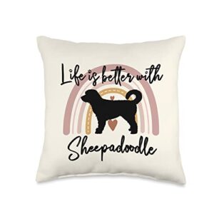love sheepadoodle dog fun life better sheepadoodle rainbow dog women throw pillow, 16x16, multicolor
