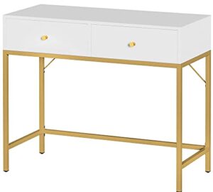 superjare vanity desk with 2 drawers, makeup table with golden legs, dressing table for bedroom, computer desk wirting console table, adjustable feet, metal frame - white and gold