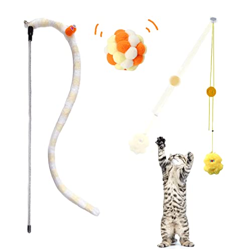 Trumoon Cat Toy Set, Cat Caterpillar Wand Toy & Hanging Interactive cat Toys & Cat Fuzzy Balls with Bell for Indoor Cats Kitten Play Chase Exercise (Snowman)