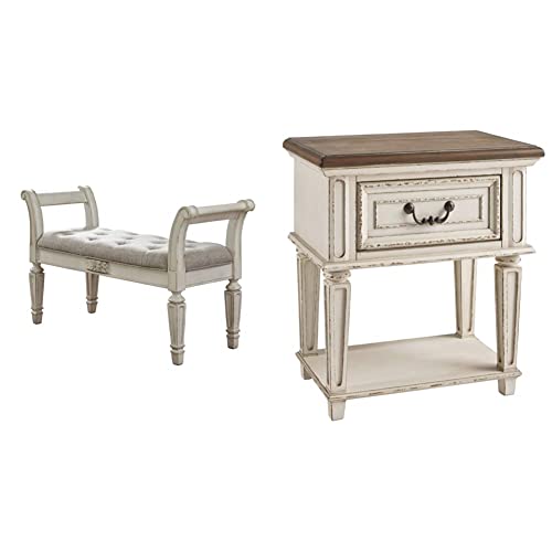 Signature Design by Ashley Realyn French Country Upholstered Tufted Accent Bench, Antique White & Realyn Traditional Cottage 1 Drawer Nightstand, Chipped White, Distressed Brown