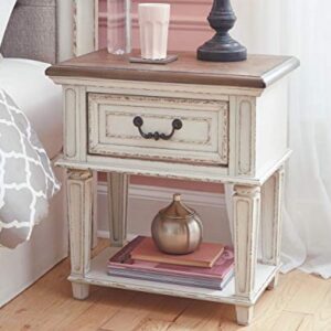 Signature Design by Ashley Realyn French Country Upholstered Tufted Accent Bench, Antique White & Realyn Traditional Cottage 1 Drawer Nightstand, Chipped White, Distressed Brown