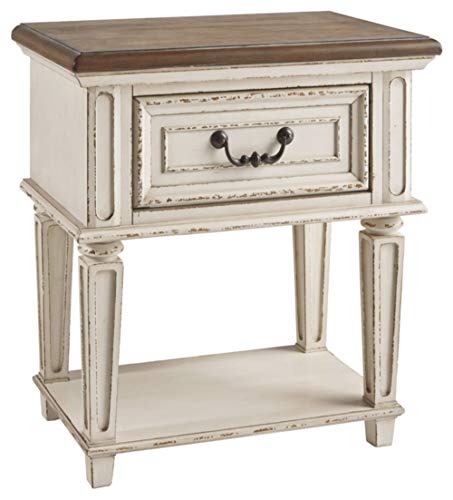 Signature Design by Ashley Realyn French Country Upholstered Tufted Accent Bench, Antique White & Realyn Traditional Cottage 1 Drawer Nightstand, Chipped White, Distressed Brown