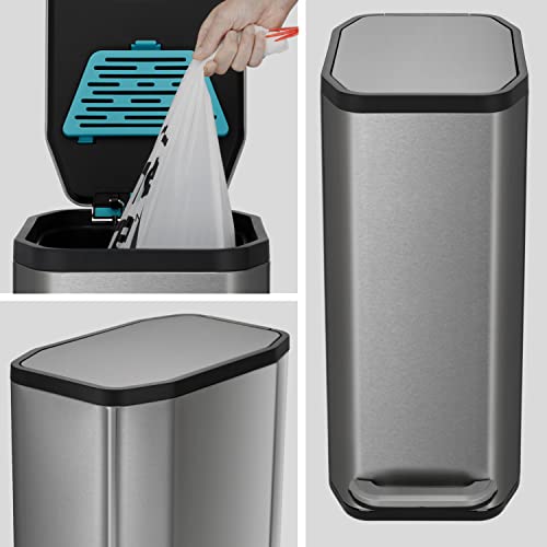 Home Zone Living 13 Gallon Slim Kitchen Trash Can with CleanAura Odor Control Pod, Stainless Steel, 50 Liters, Silver